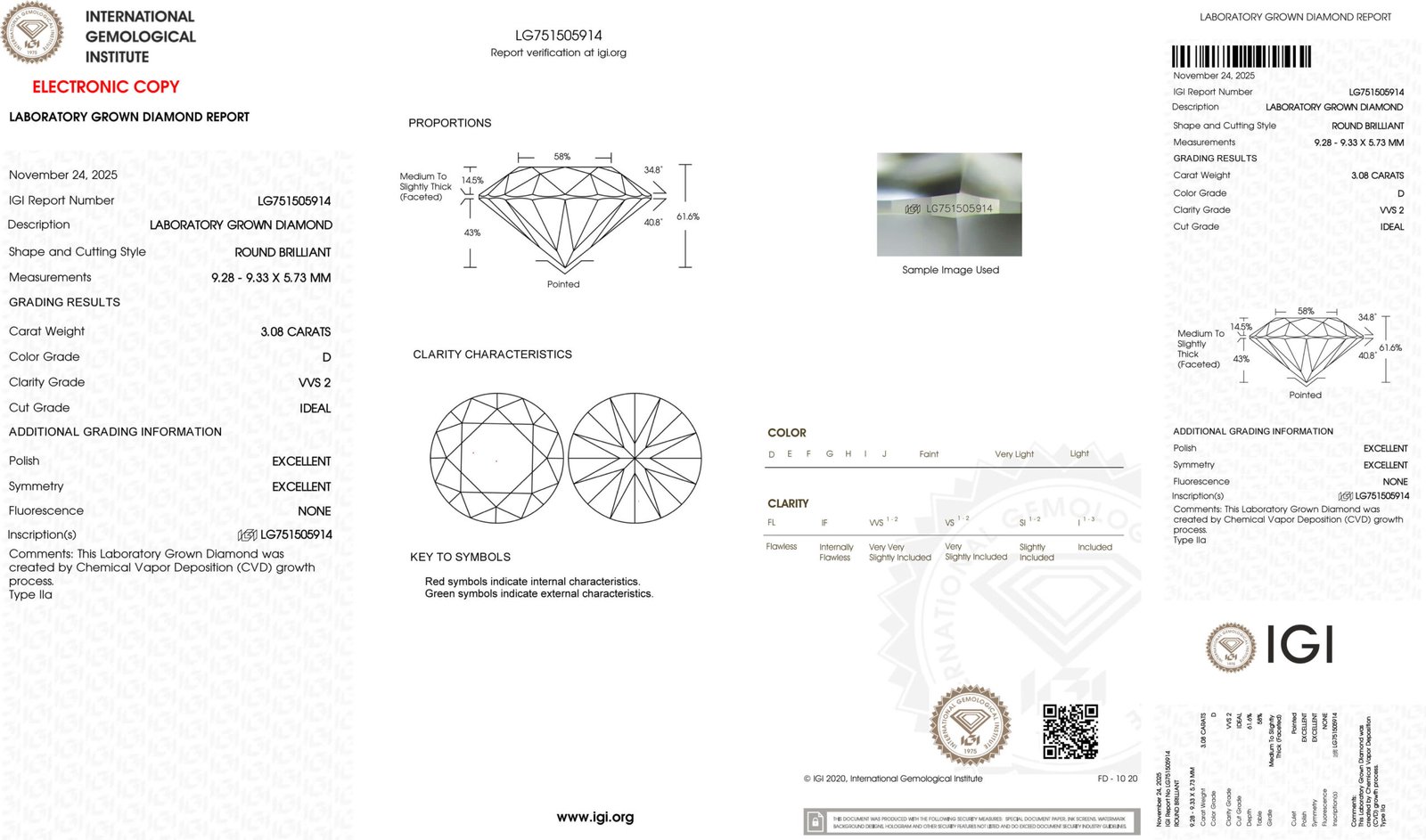 3.08ct D VVS2 round cut lab grown diamond