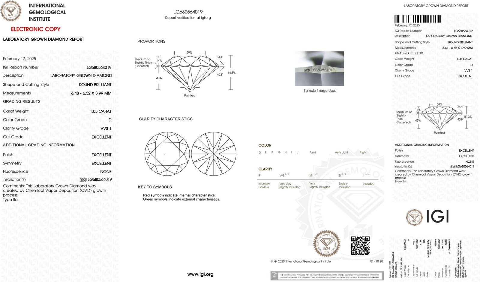 1.05ct D VVS1 round cut lab grown diamond