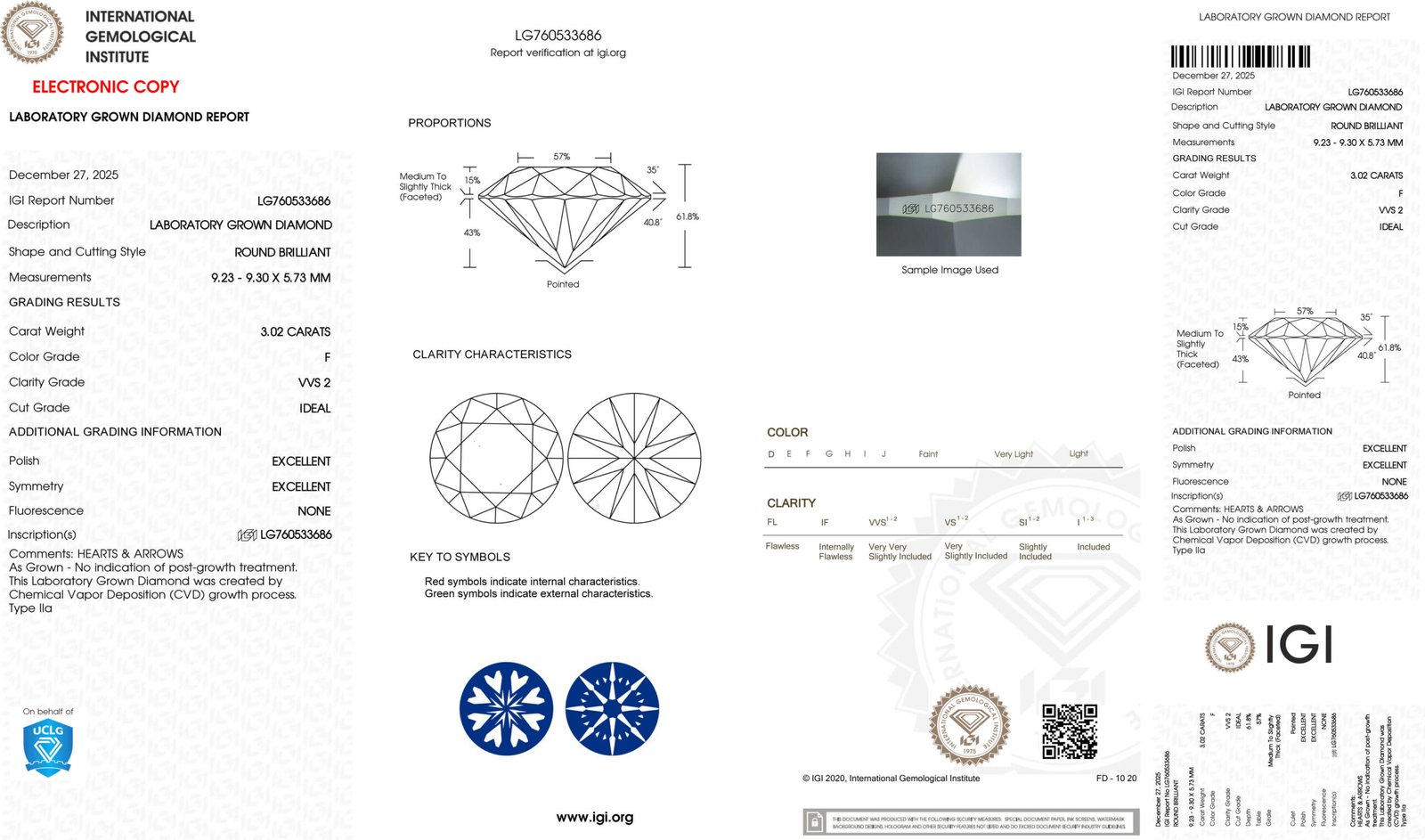 3.02ct F VVS2 round cut lab grown diamond