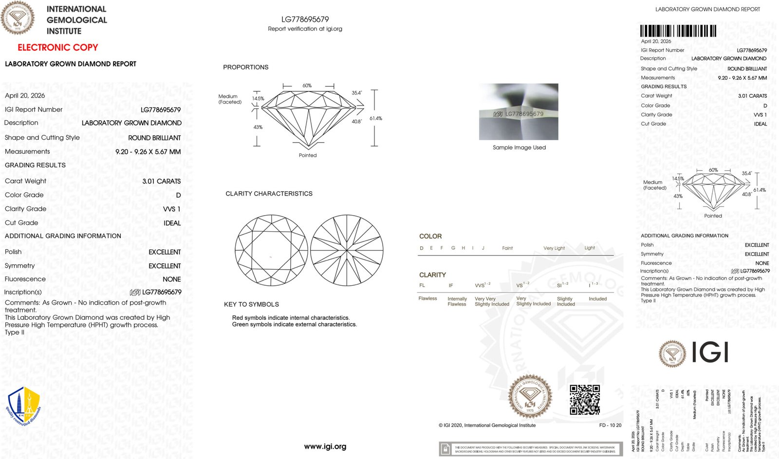3.01ct D VVS1 round cut lab grown diamond