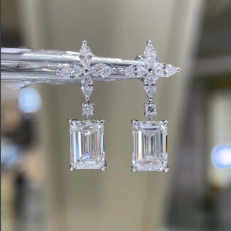 Emerald cut sunflower diamond earrings stud