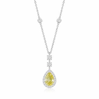 Halo setting pear cut lab grown yellow diamond necklace