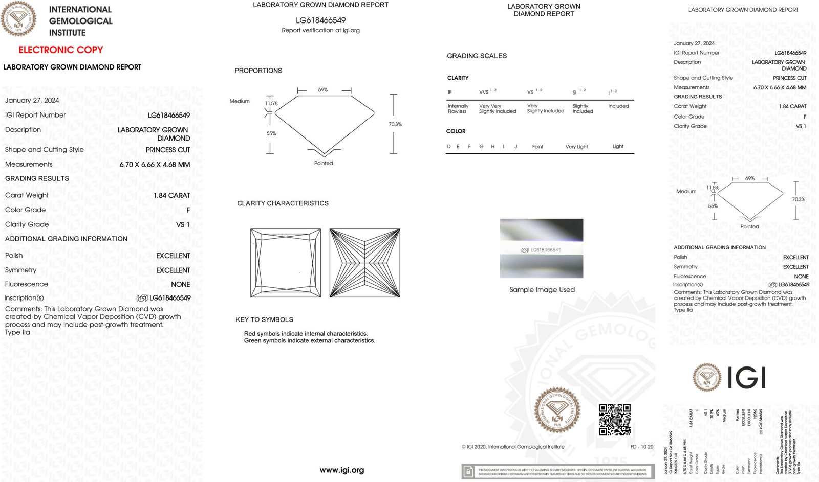 1.84ct F VS1 princess cut lab grown diamond