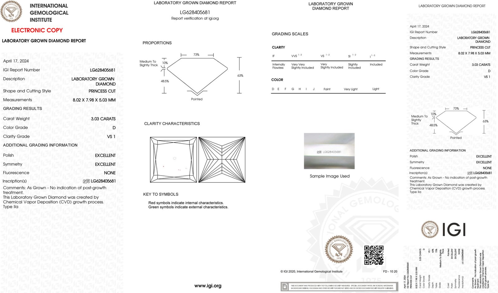 3.03ct D VS1 princess cut lab grown diamond