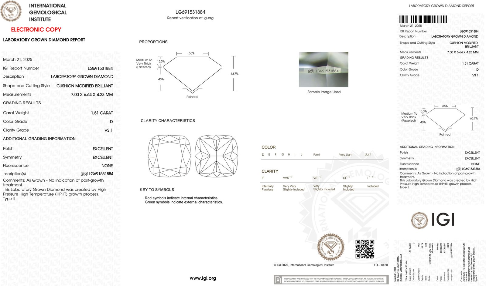 1.51ct D VS1 cushion cut lab grown diamond