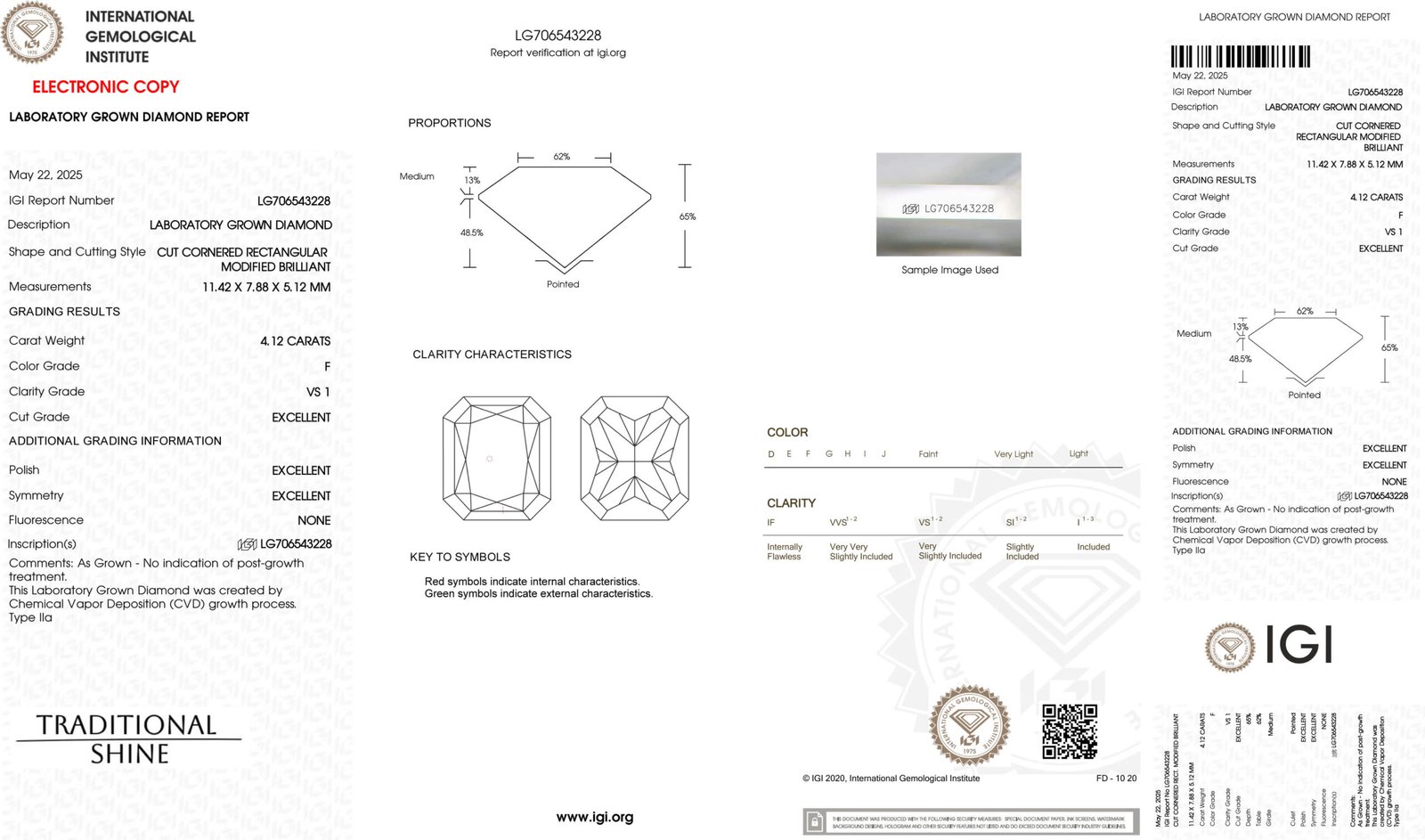4.12ct F VS1 radiant cut lab grown diamond