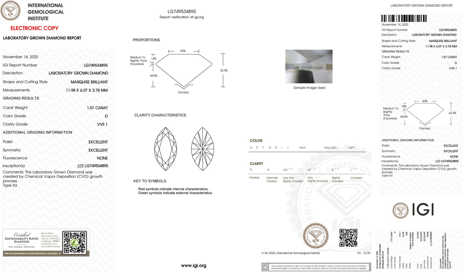 1.57ct D VVS1 marquise cut lab grown diamond