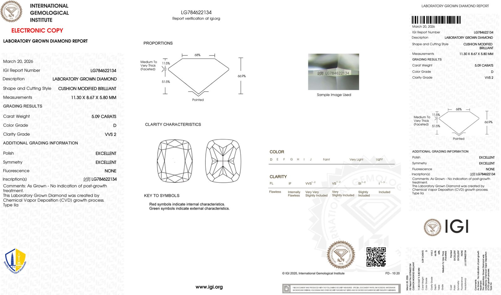 5.09ct D VVS2 cushion cut lab grown diamond