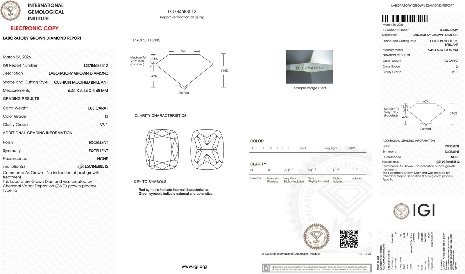 1.03ct D VS1 cushion cut lab grown diamond