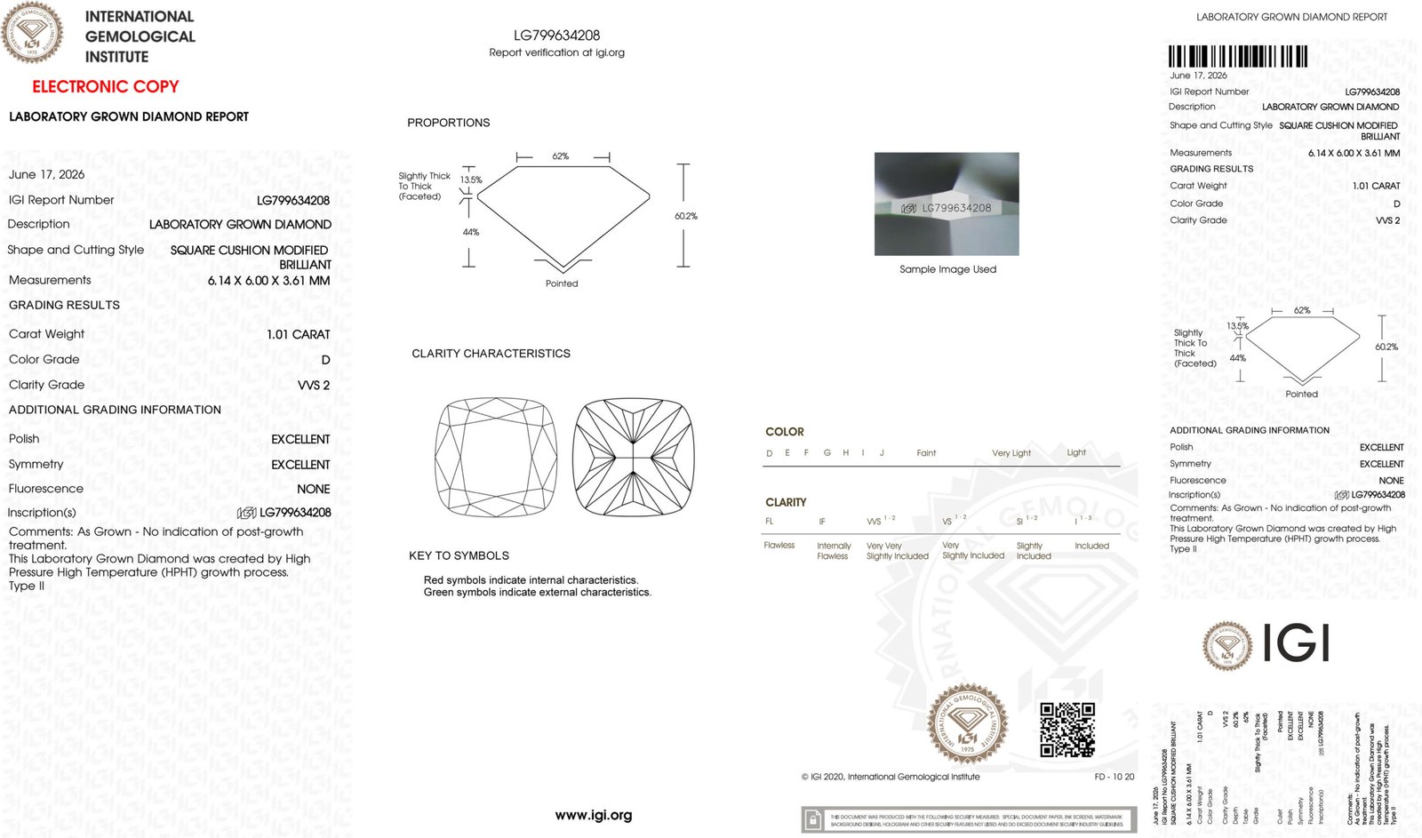 1.01ct D VVS2 cushion cut lab grown diamond