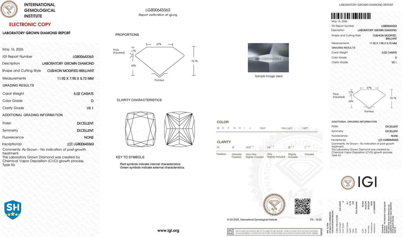 5.02ct D VS1 cushion cut lab grown diamond