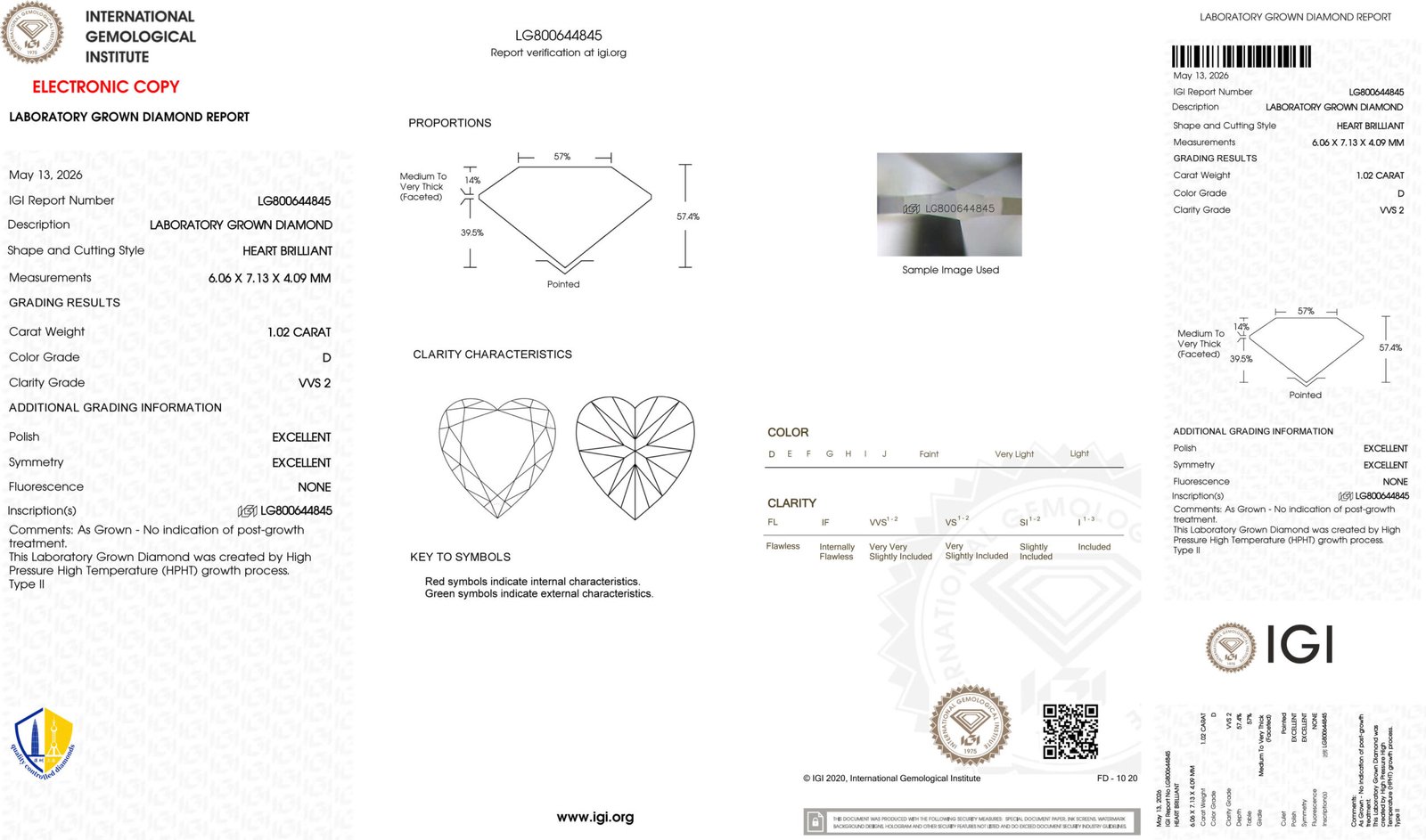 1.02ct D VVS2 heart cut lab grown diamond