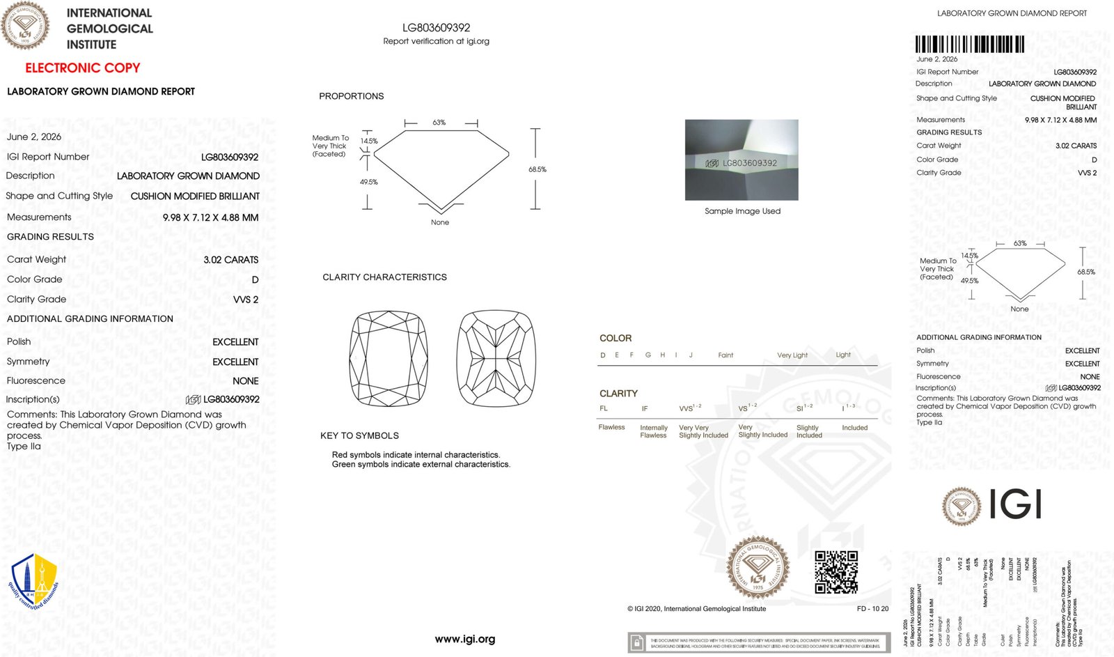 3.02ct D VVS2 cushion cut lab grown diamond