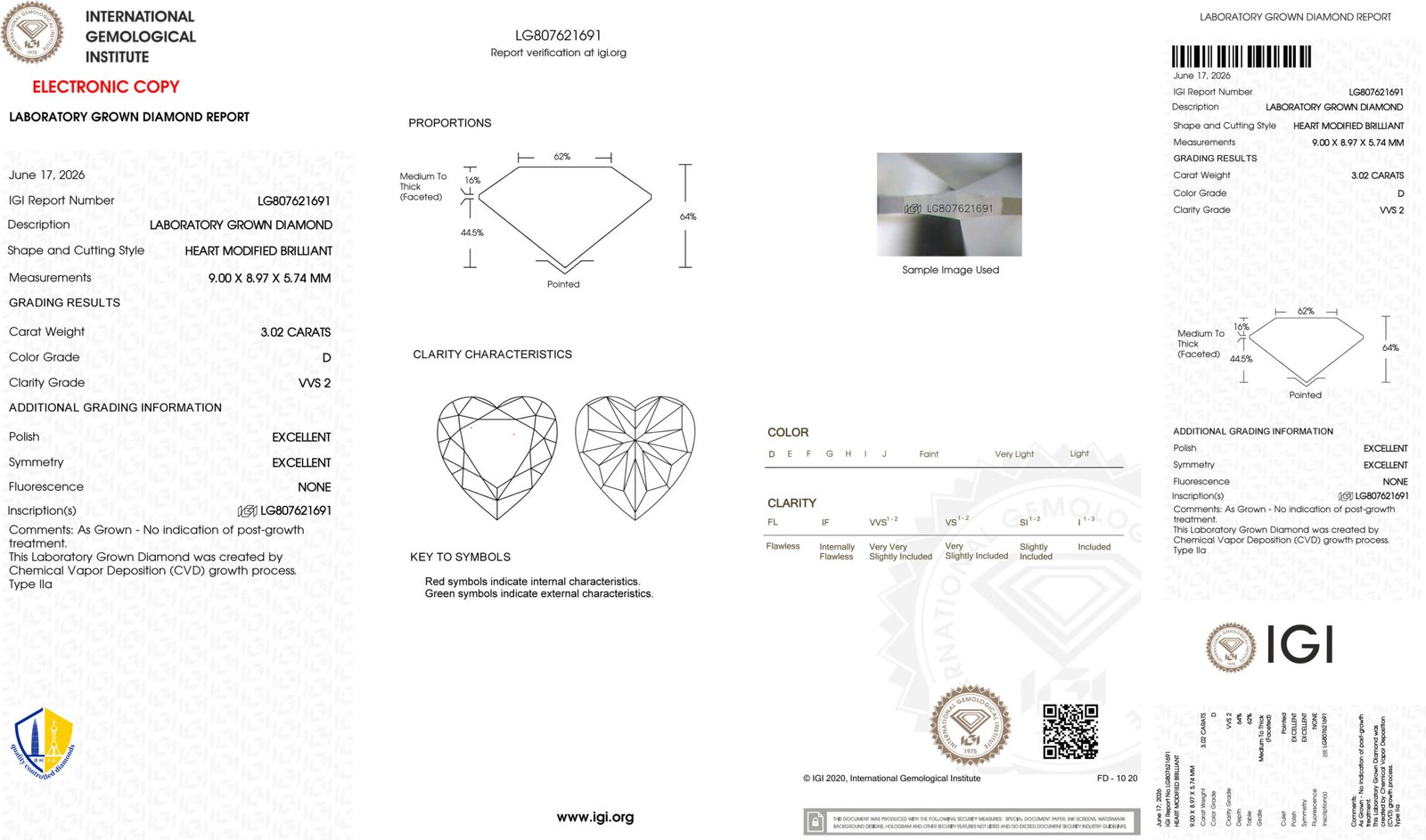 3.02ct D VVS2 heart cut lab grown diamond