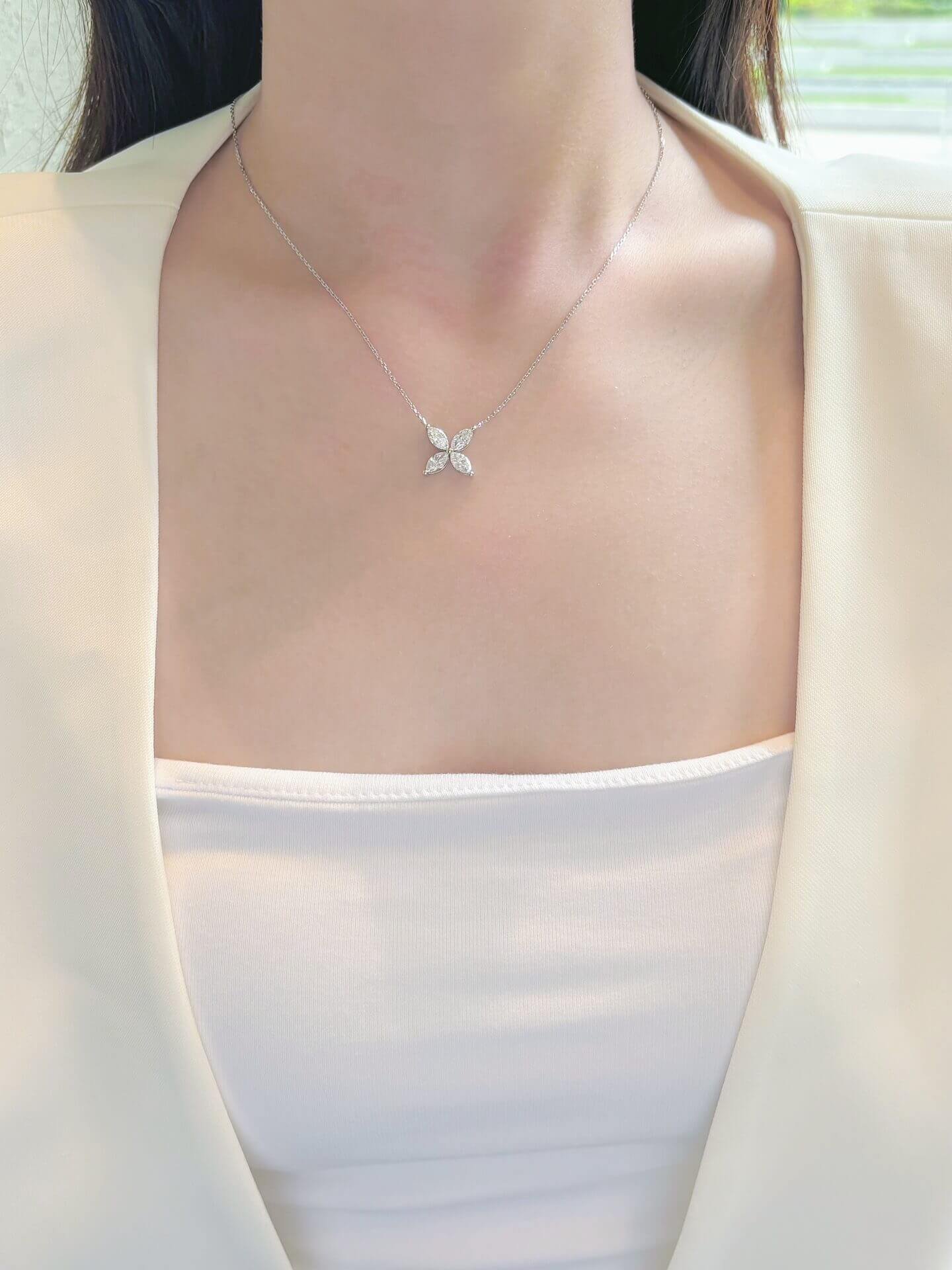 Marquise cut four-leaf clover diamond pendant necklace