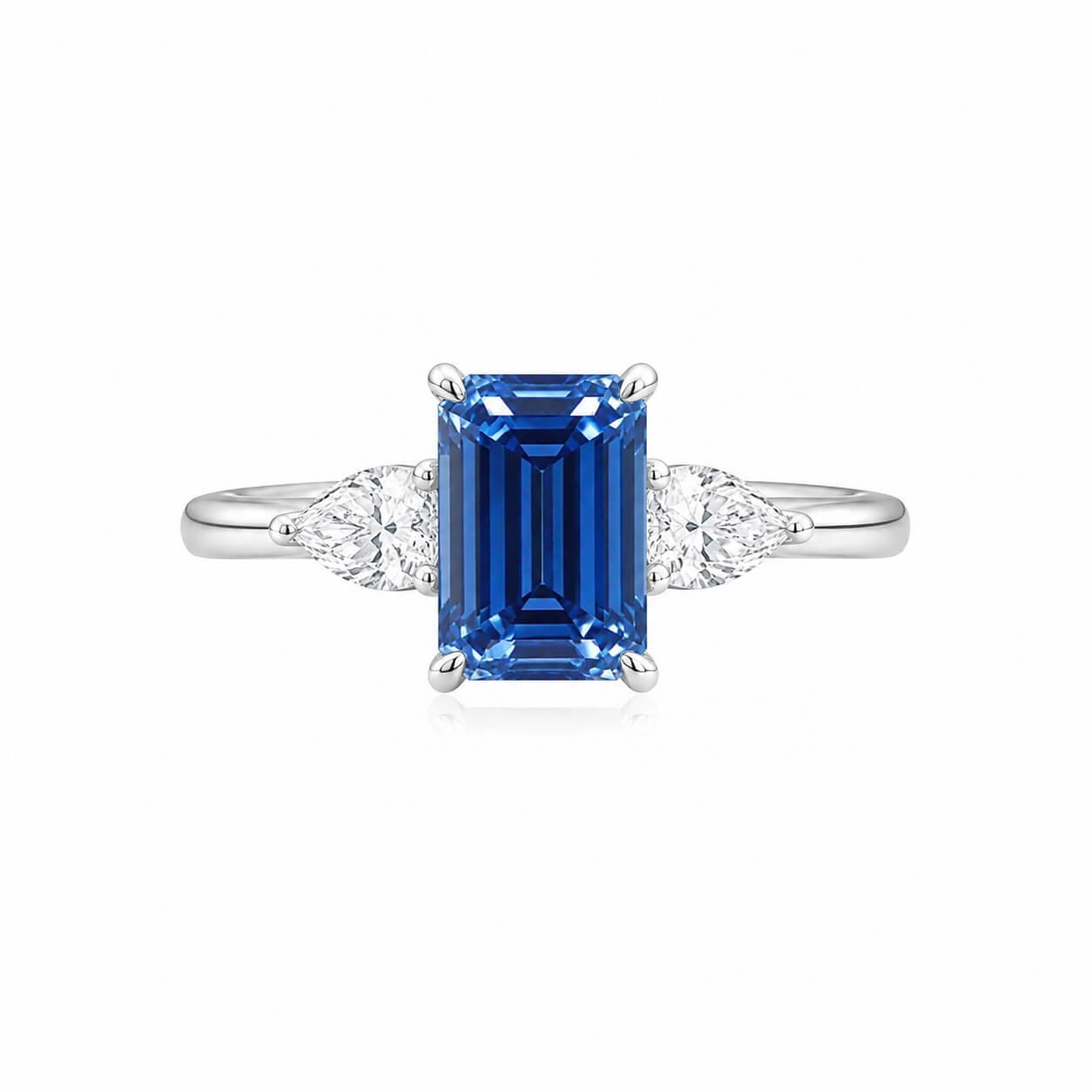 Emerald cut lab grown blue diamond three stones engagement ring