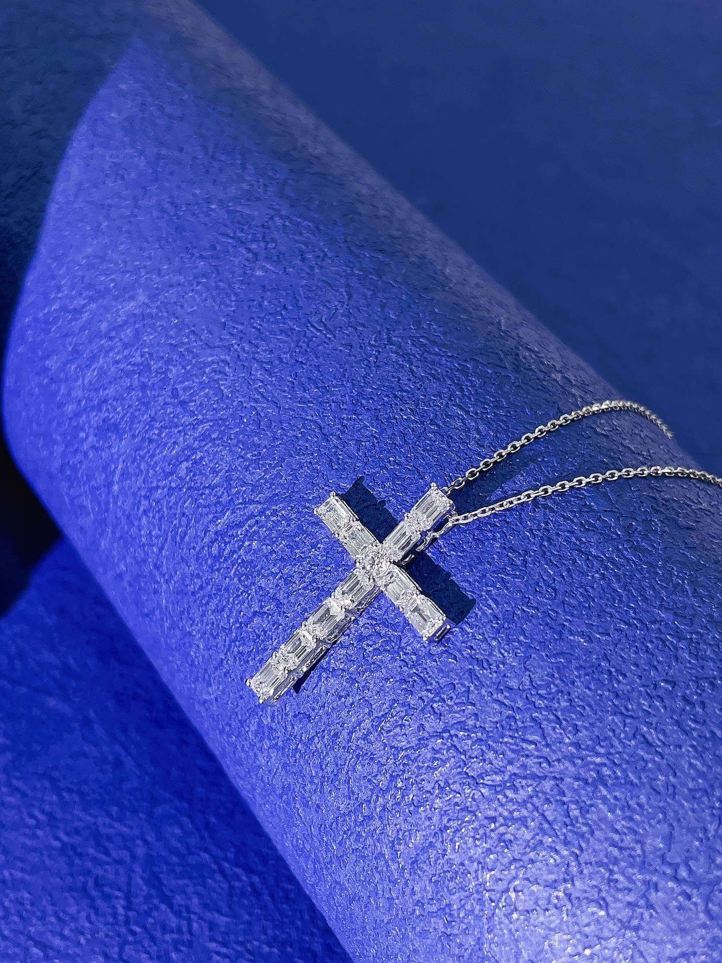 Emerald cut lab grown diamond cross pendant necklace