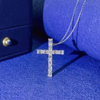 Emerald cut lab grown diamond cross pendant necklace