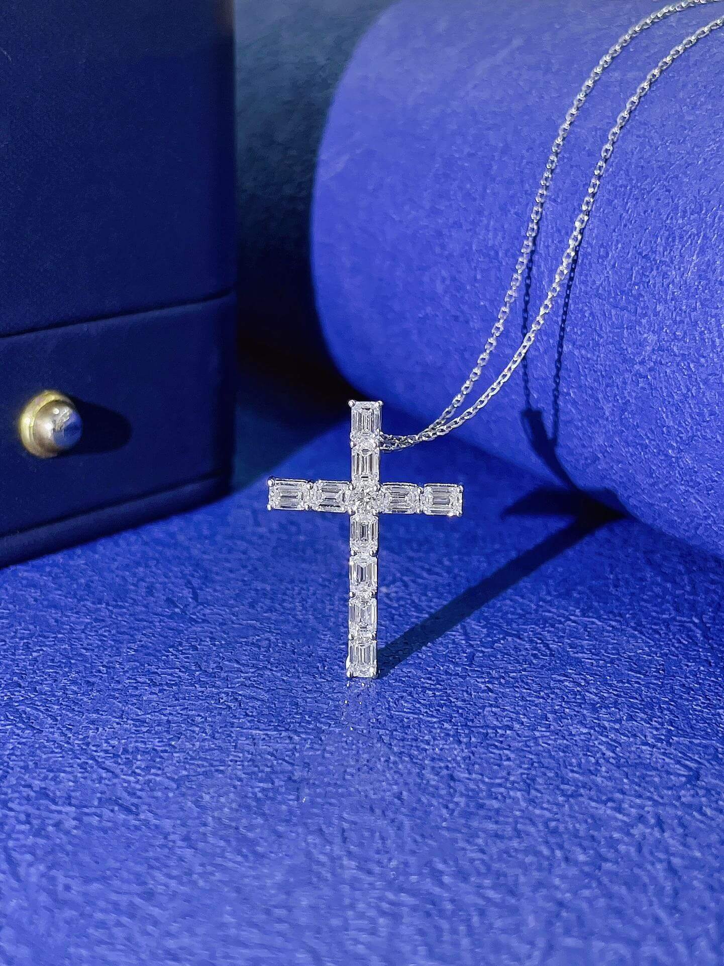 Emerald cut lab grown diamond cross pendant necklace