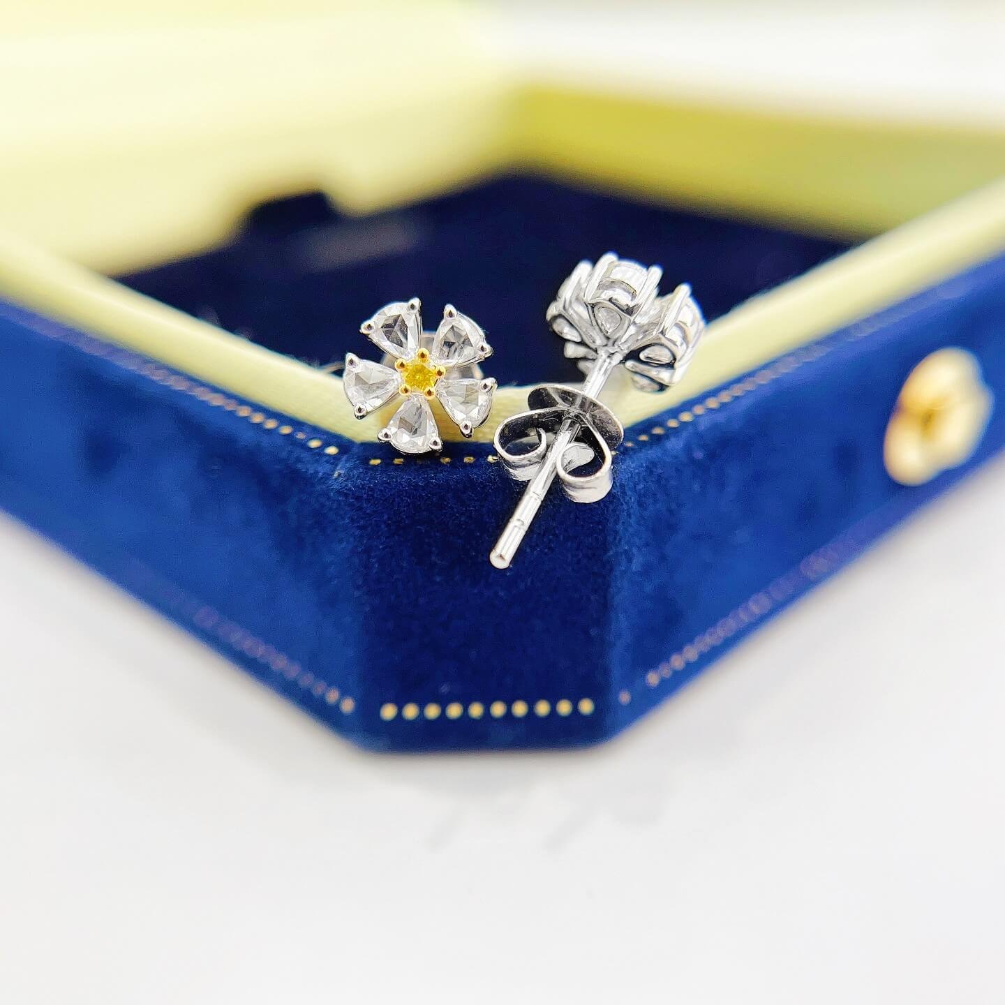 Flower design round cut lab grown yellow diamond earrings stud