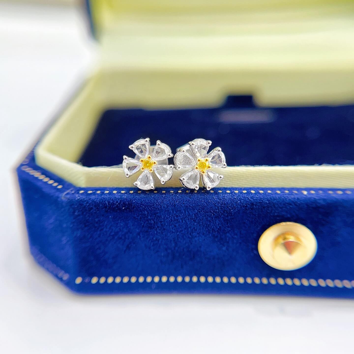 Flower design round cut lab grown yellow diamond earrings stud