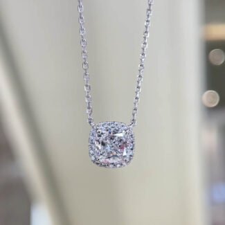 Halo setting cushion cut lab grown diamond pendant necklace