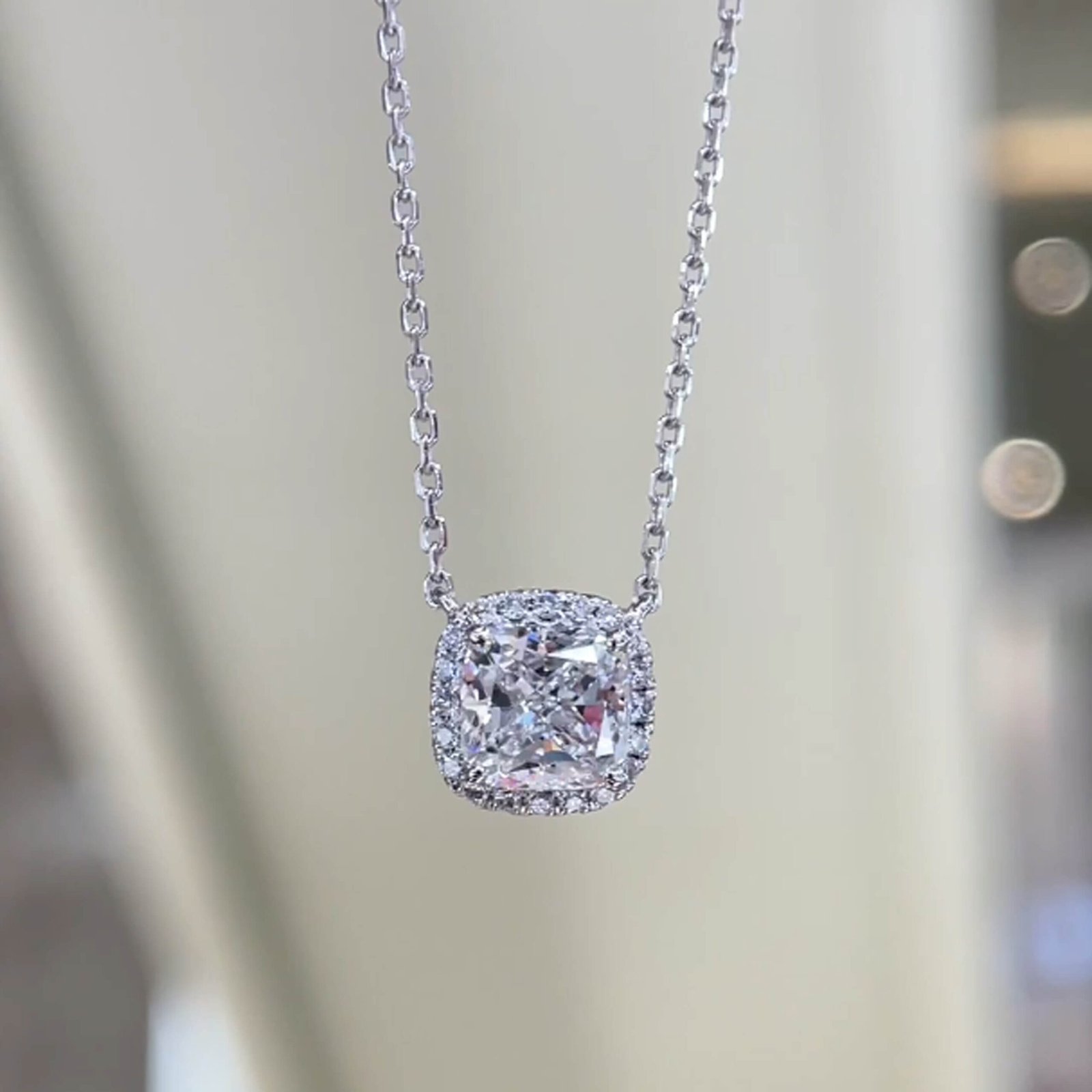 Halo setting cushion cut lab grown diamond pendant necklace Halo setting cushion cut lab grown diamond pendant necklace