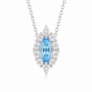 Halo setting marquise cut lab grown blue diamond necklace