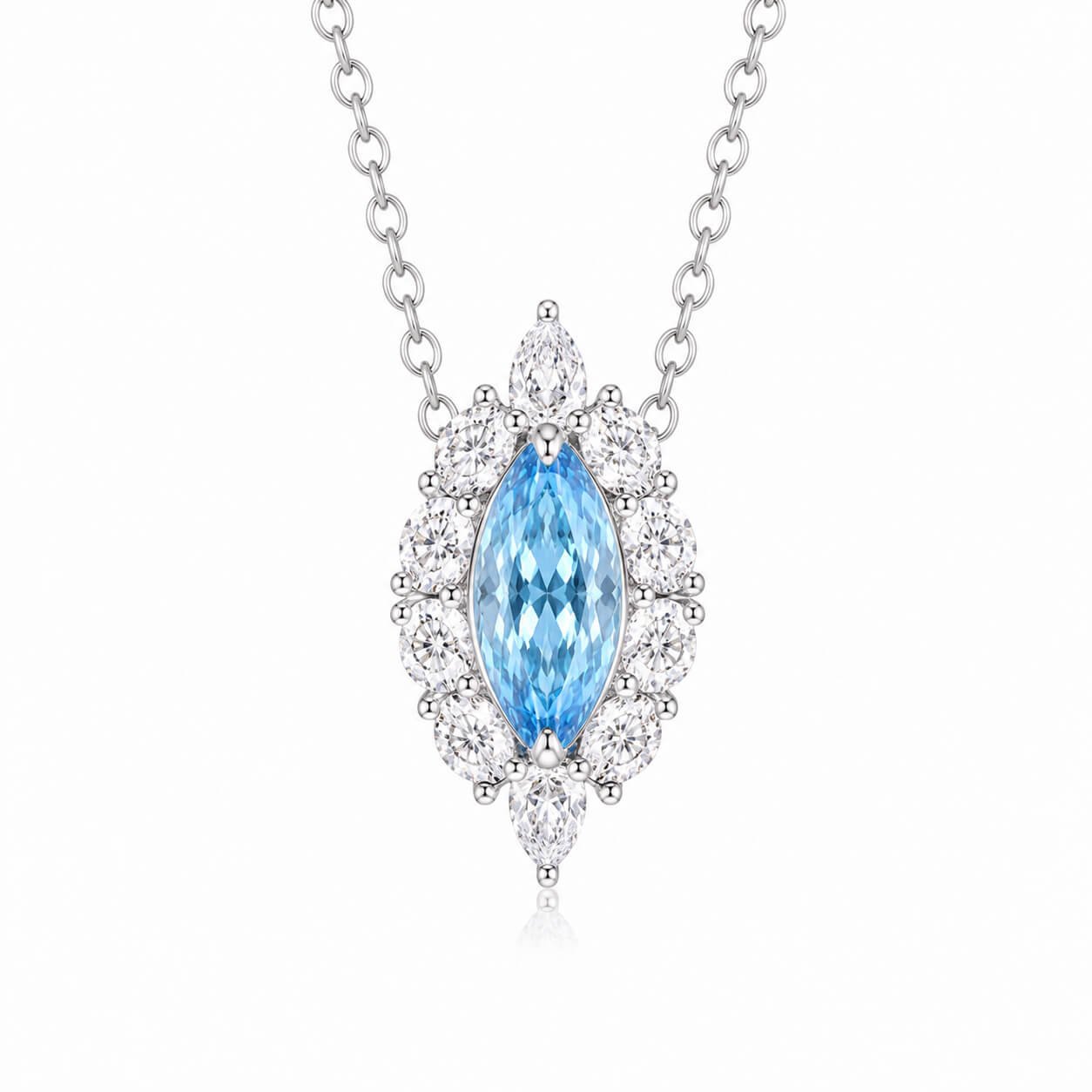 Halo setting marquise cut lab grown blue diamond necklace