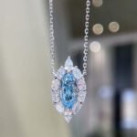 Halo setting marquise cut lab grown blue diamond necklace