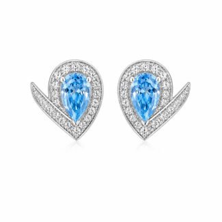 Halo setting pear cut lab grown blue diamond earrings stud