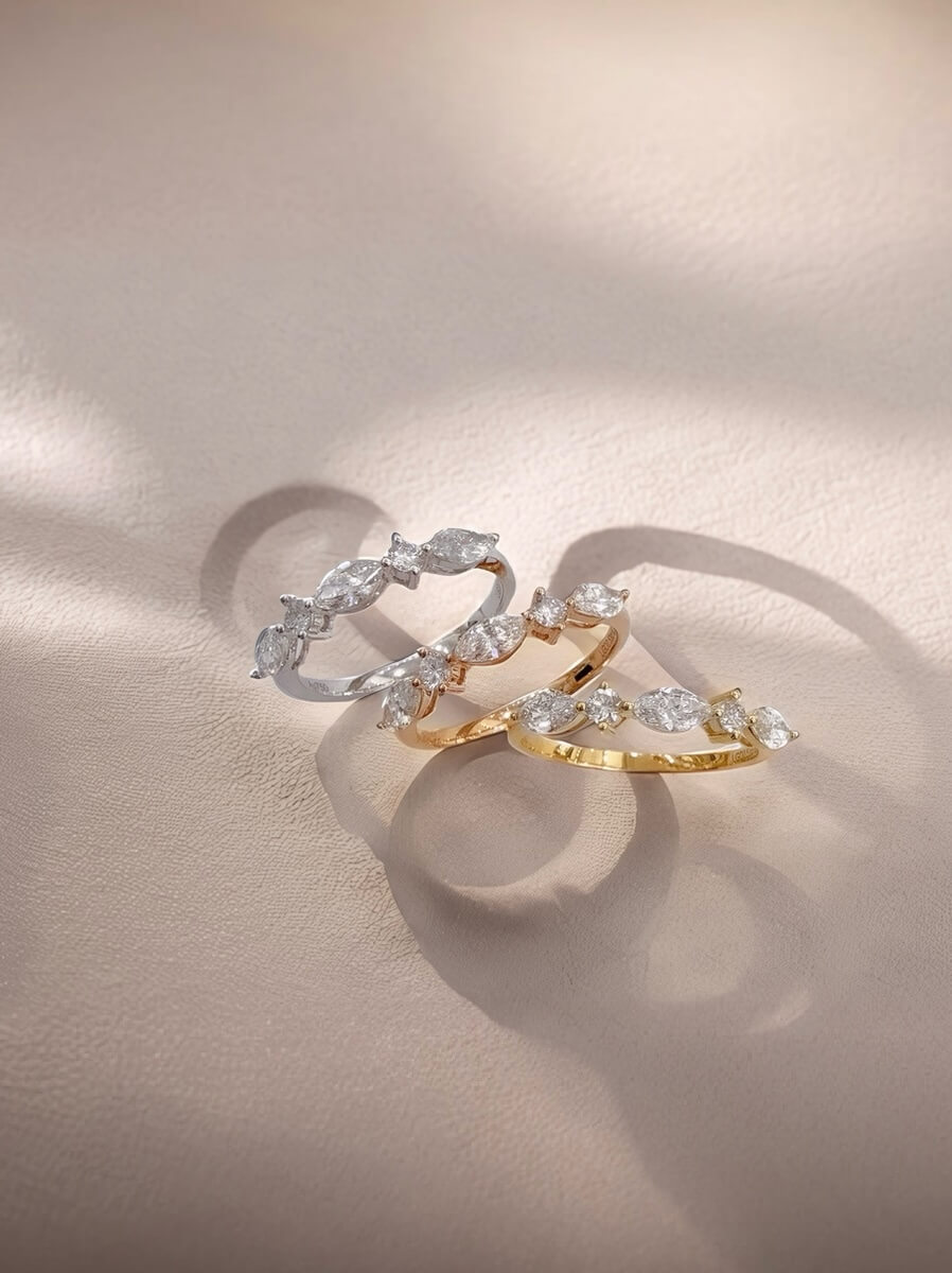 Marquise and round cut lab grown diamond eternity ring