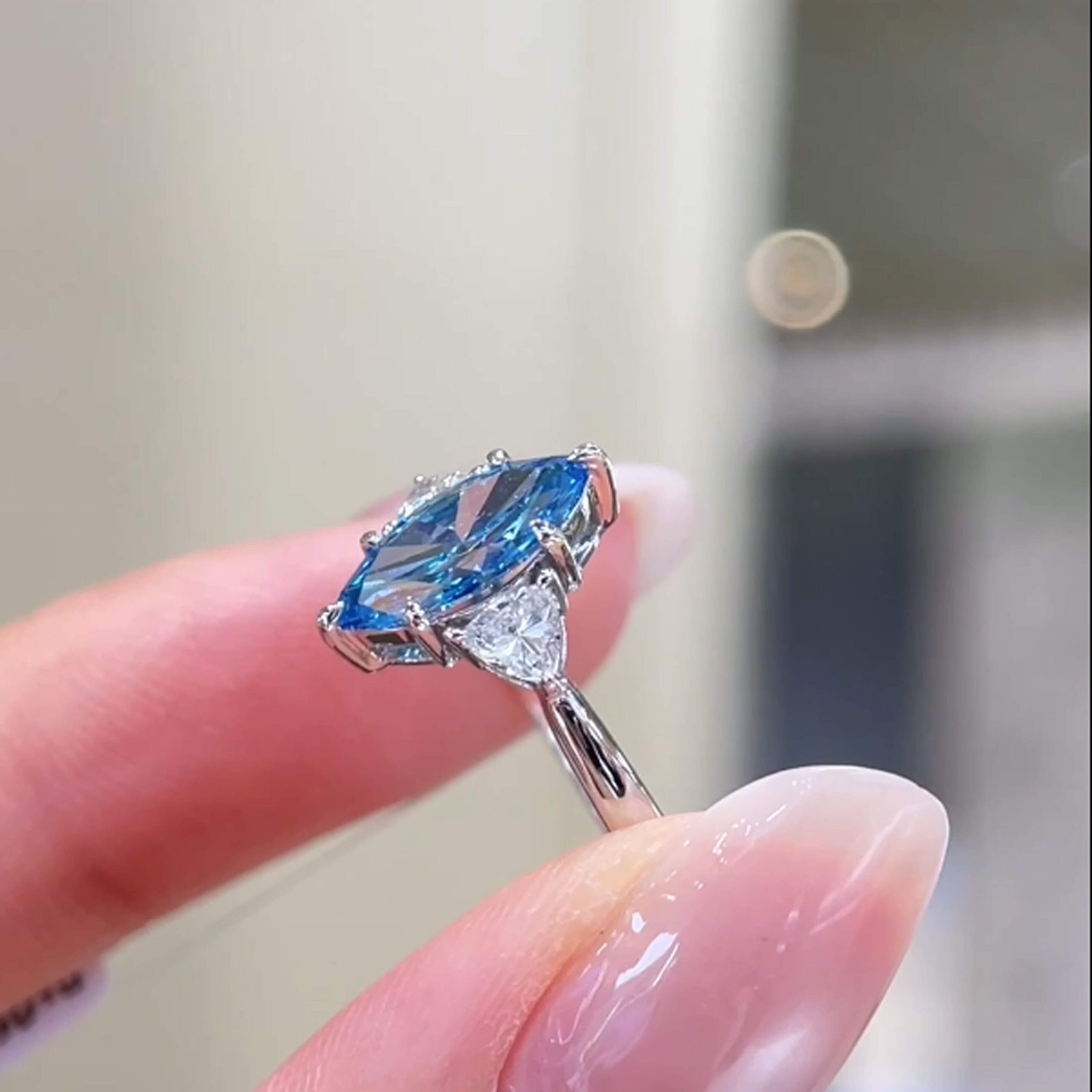Marquise cut lab grown blue diamond three stones engagement ring Marquise cut lab grown blue diamond three stones engagement ring
