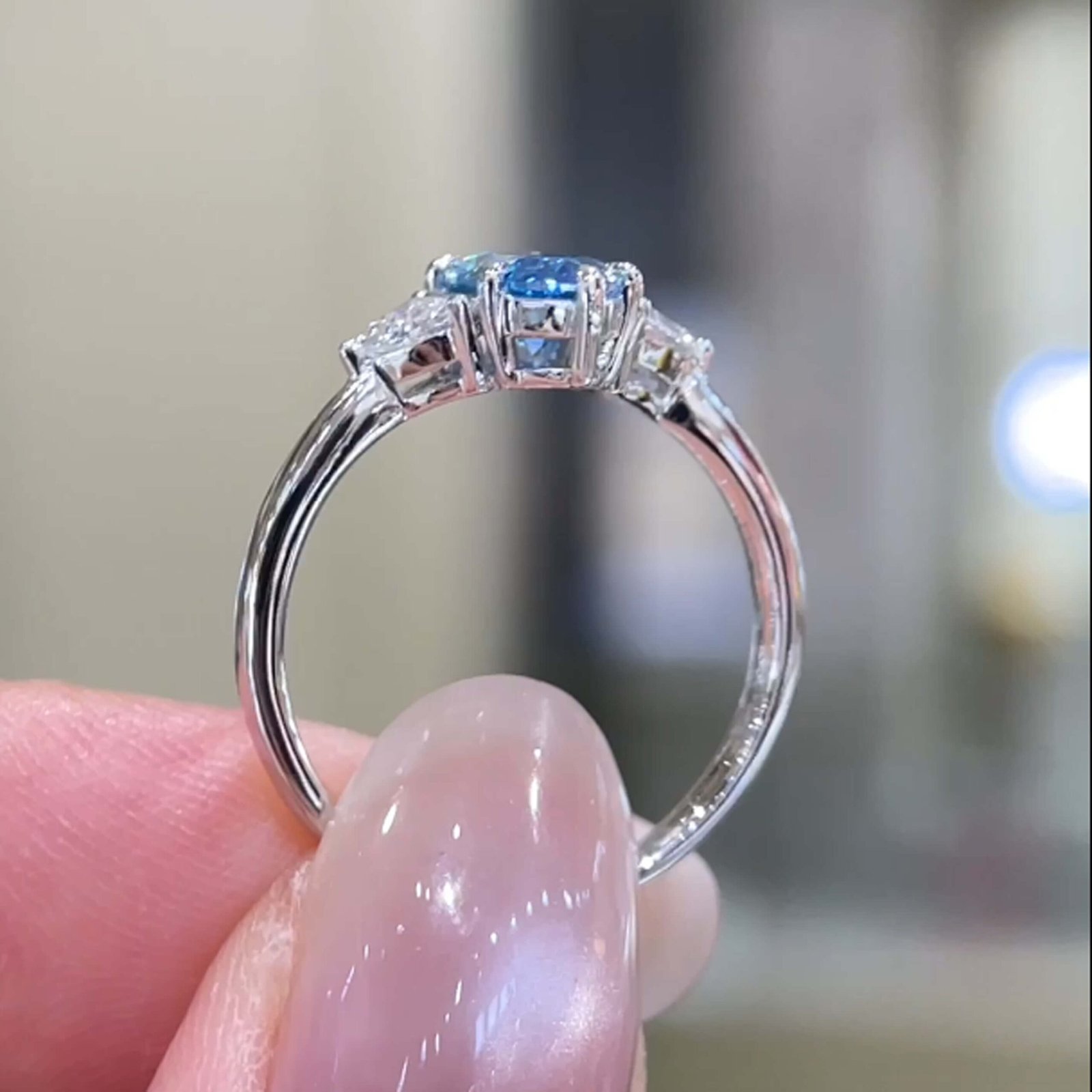 Marquise cut lab grown blue diamond three stones engagement ring Marquise cut lab grown blue diamond three stones engagement ring