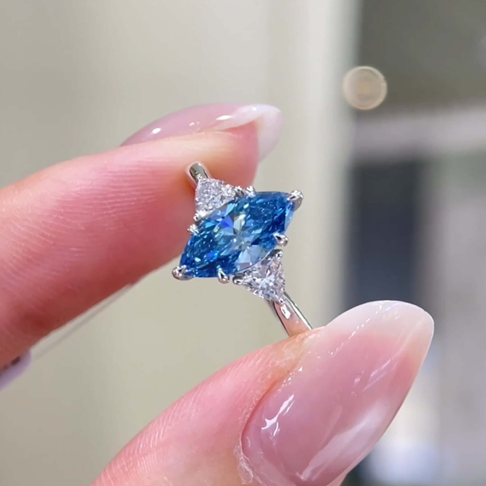Marquise cut lab grown blue diamond three stones engagement ring Marquise cut lab grown blue diamond three stones engagement ring