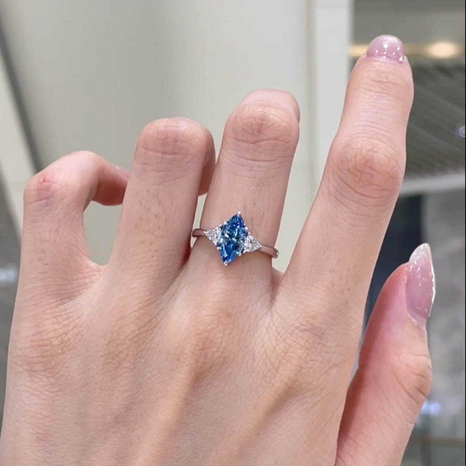 Marquise cut lab grown blue diamond three stones engagement ring Marquise cut lab grown blue diamond three stones engagement ring