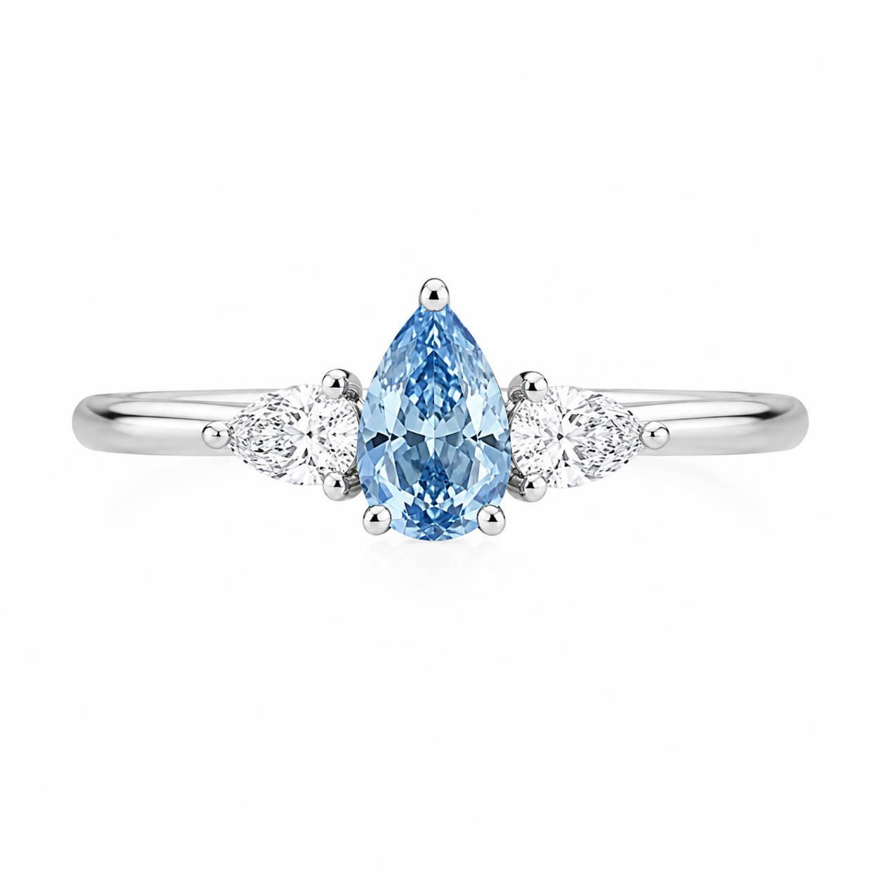 Pear cut lab grown blue diamond three stones engagement ring