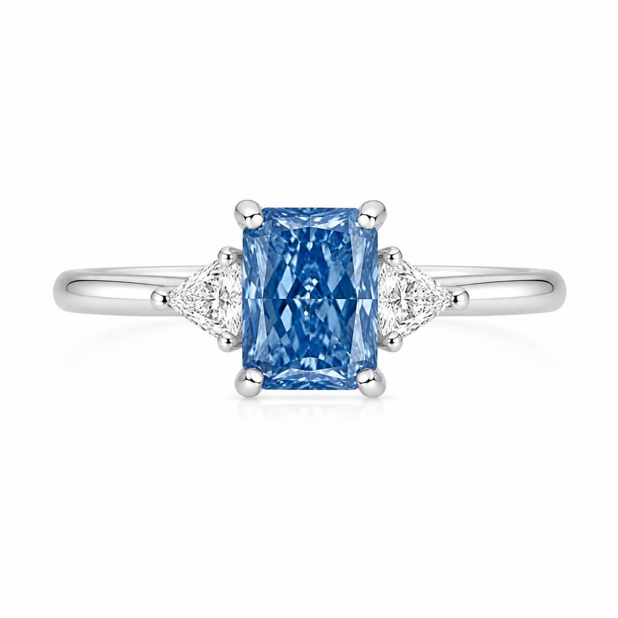 Radiant cut lab grown blue diamond three stones engagement ring