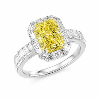 Radiant cut lab grown yellow diamond engagement ring