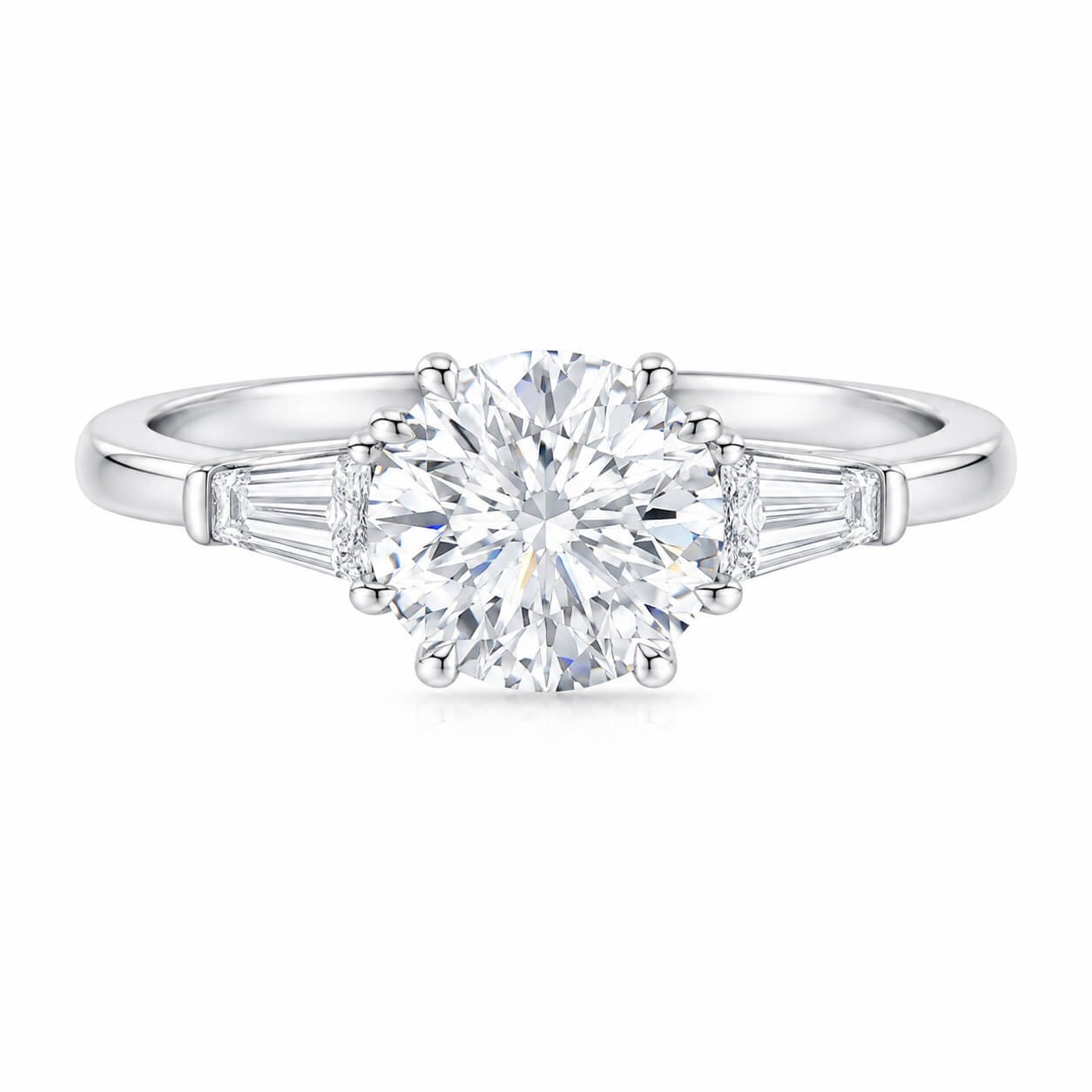 Round cut lab grown diamond three stones engagement ring