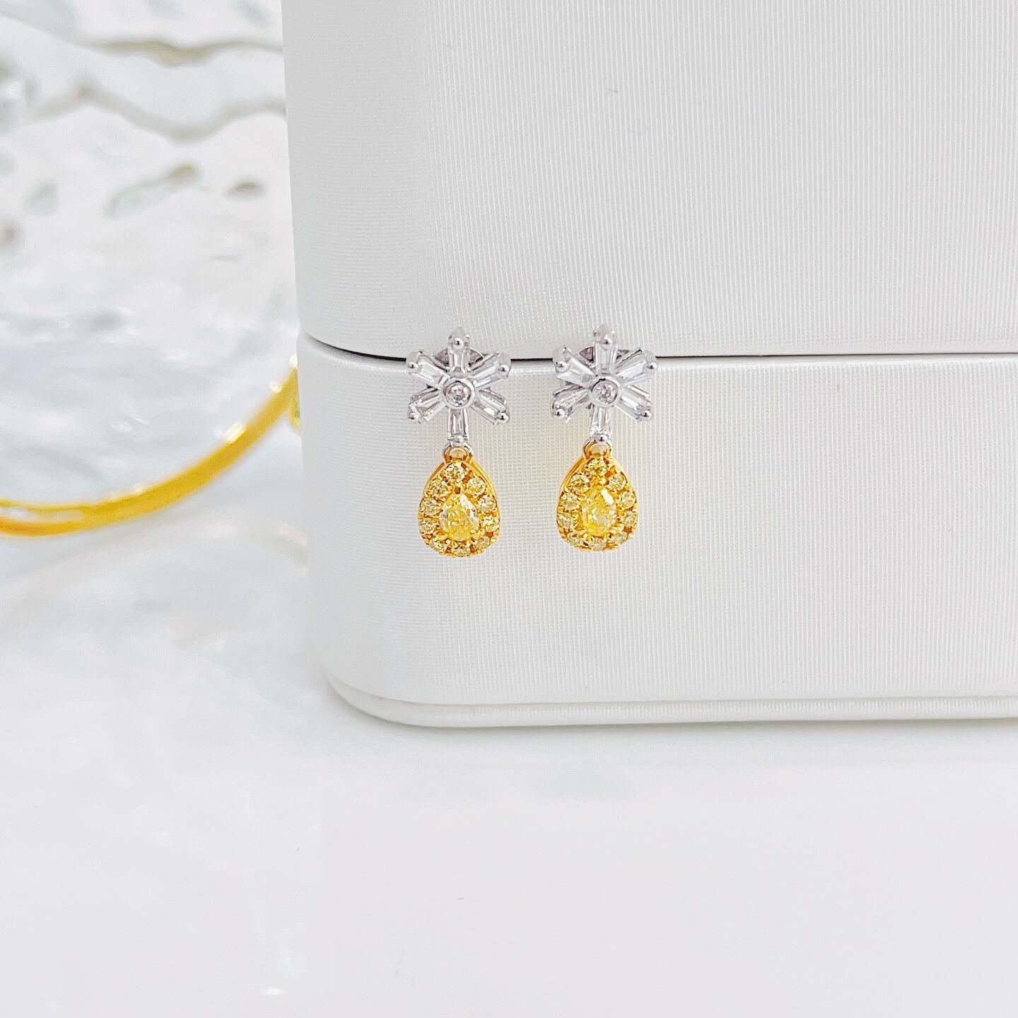 Snowflake design pear cut lab grown yellow diamond earrings stud Snowflake design pear cut lab grown yellow diamond earrings stud