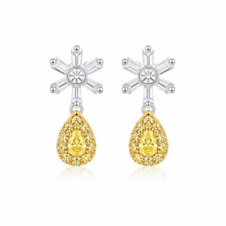 Snowflake design pear cut lab grown yellow diamond earrings stud