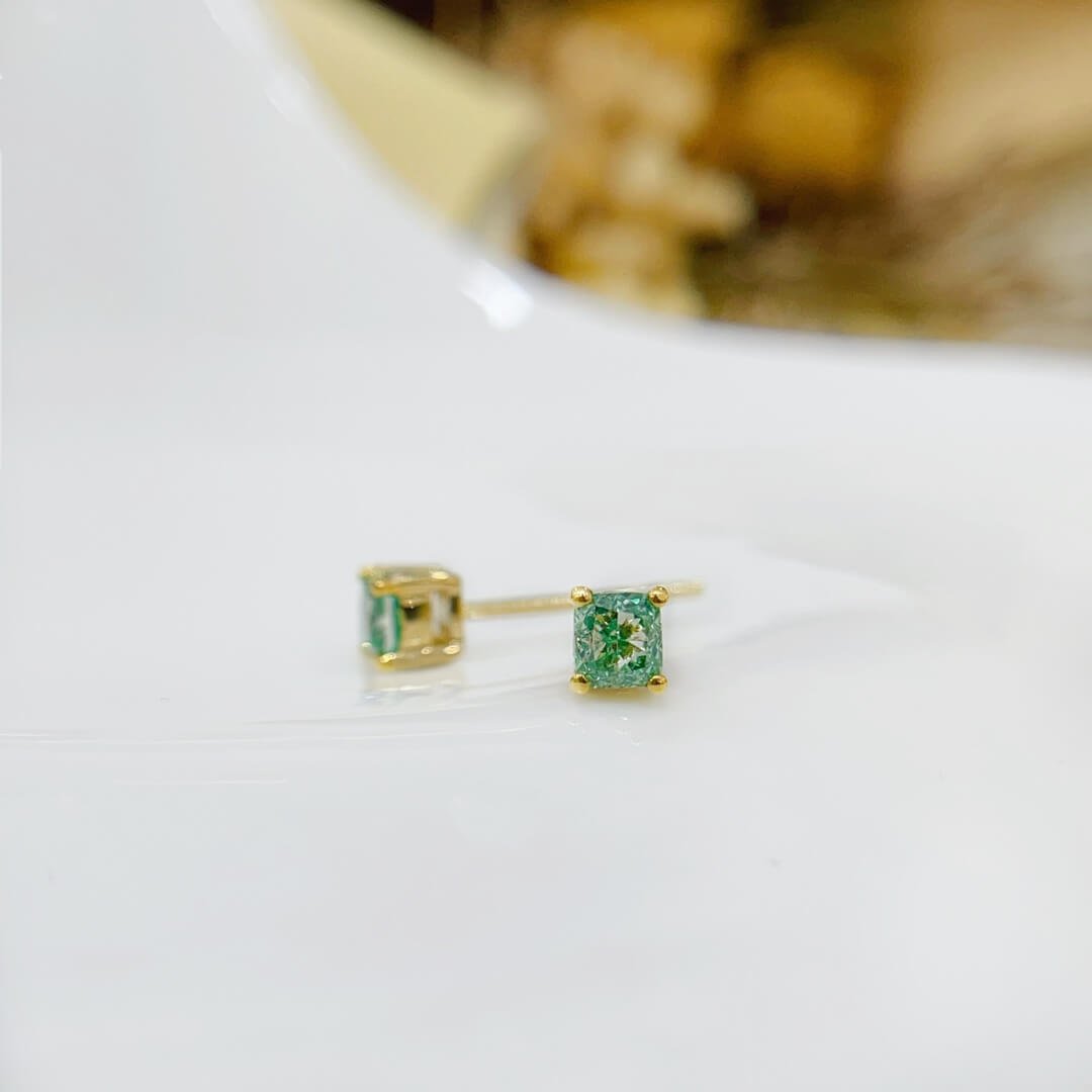 Cushion cut lab grown green diamond earrings stud Cushion cut lab grown green diamond earrings stud