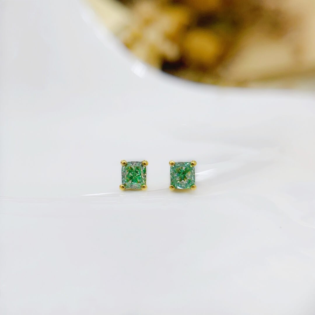Cushion cut lab grown green diamond earrings stud Cushion cut lab grown green diamond earrings stud