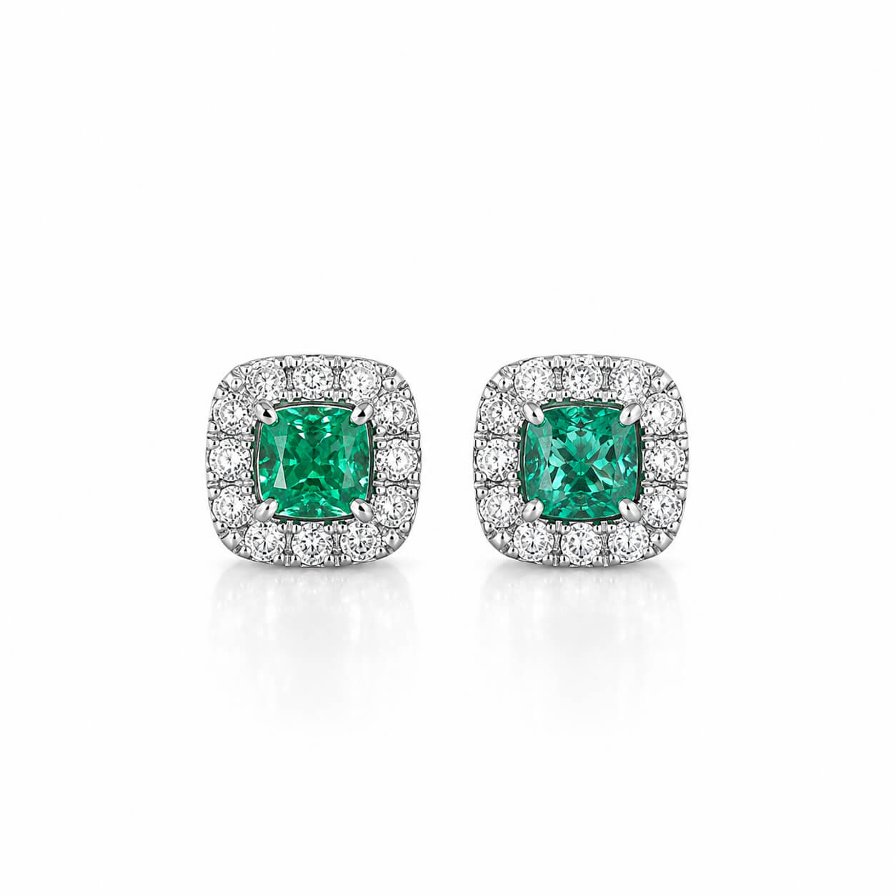 Halo setting cushion cut lab grown green diamond earrings stud Halo setting cushion cut lab grown green diamond earrings stud