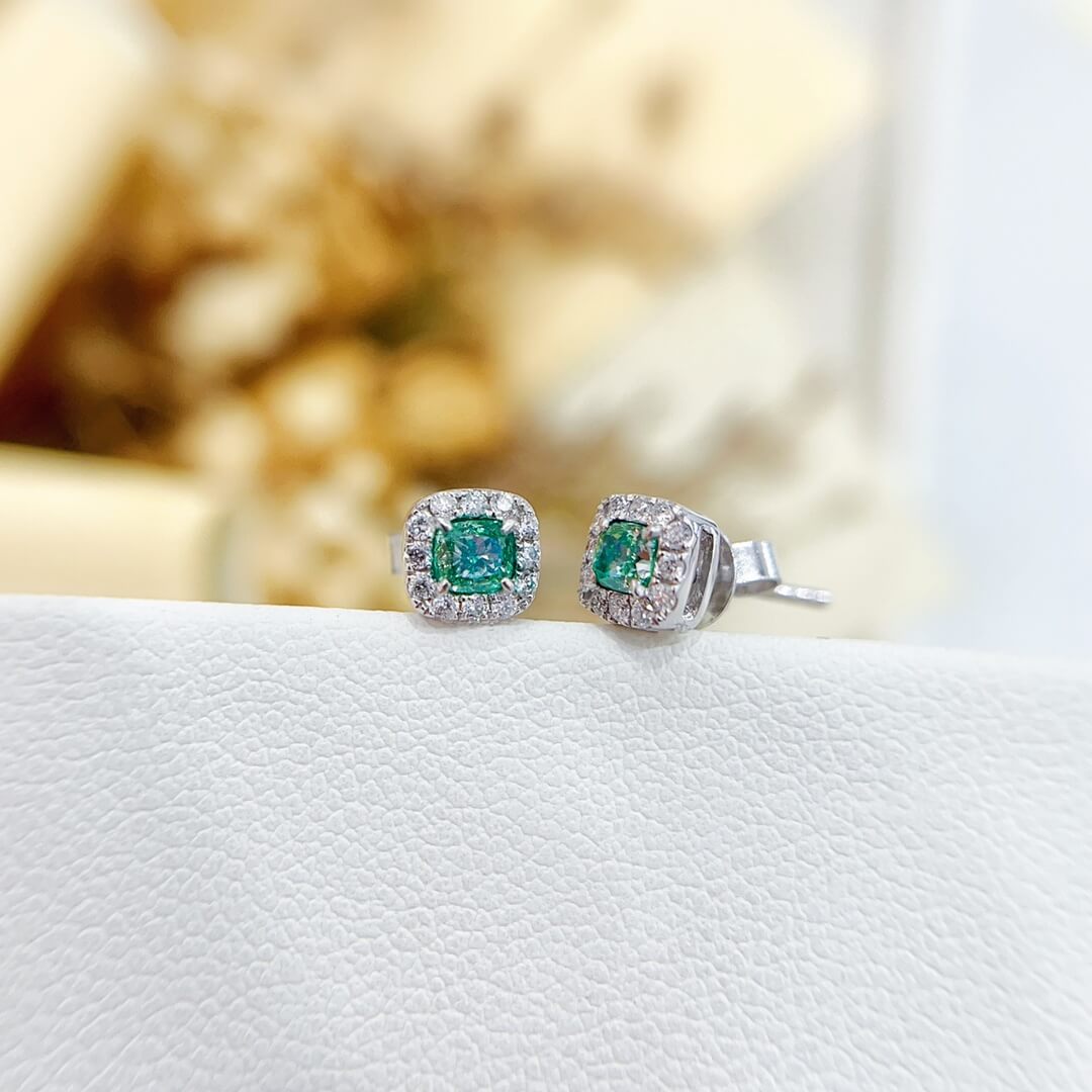 Halo setting cushion cut lab grown green diamond earrings stud Halo setting cushion cut lab grown green diamond earrings stud
