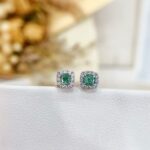 Halo setting cushion cut lab grown green diamond earrings stud