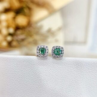 Halo setting cushion cut lab grown green diamond earrings stud
