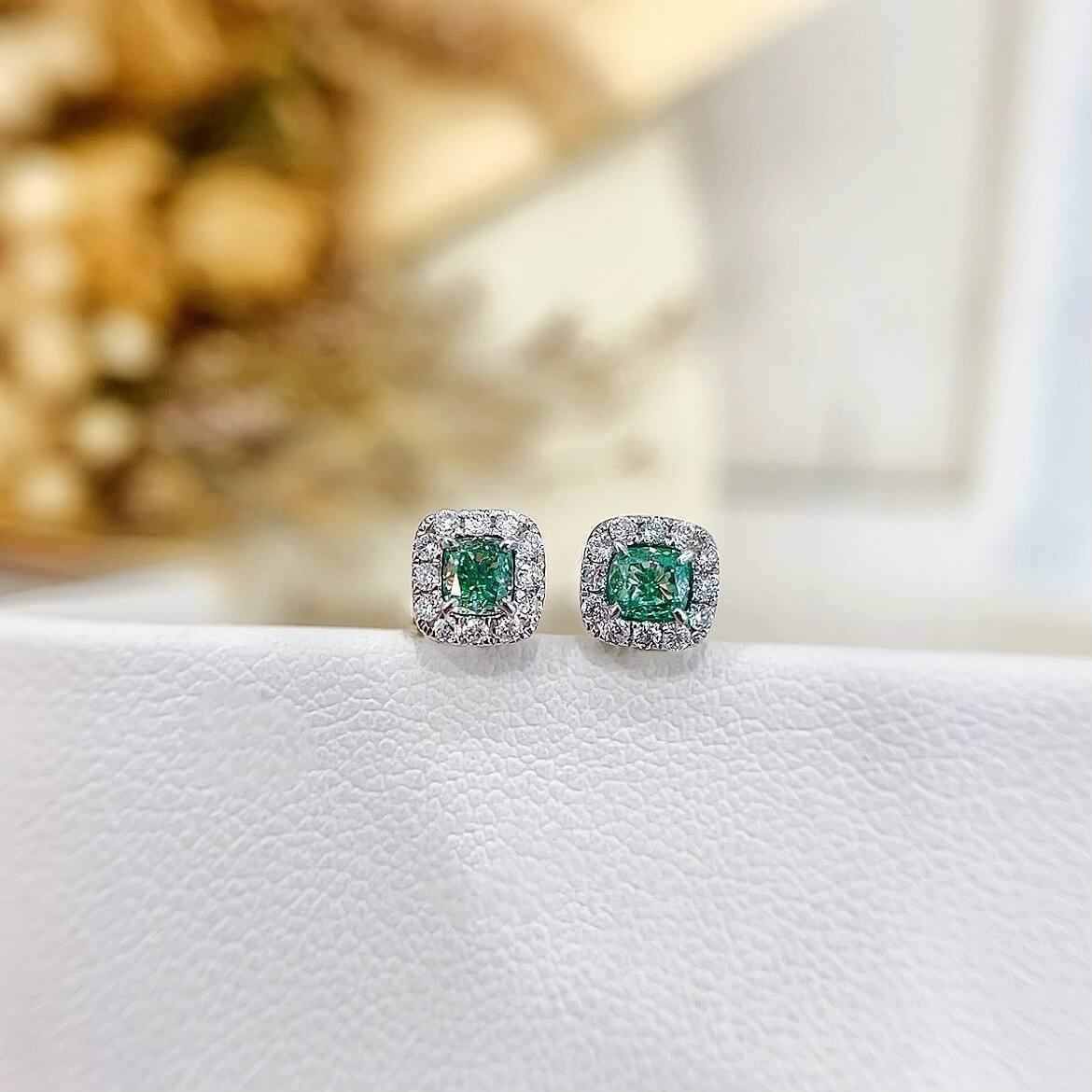 Halo setting cushion cut lab grown green diamond earrings stud Halo setting cushion cut lab grown green diamond earrings stud