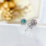 Halo setting cushion cut lab grown green diamond earrings stud